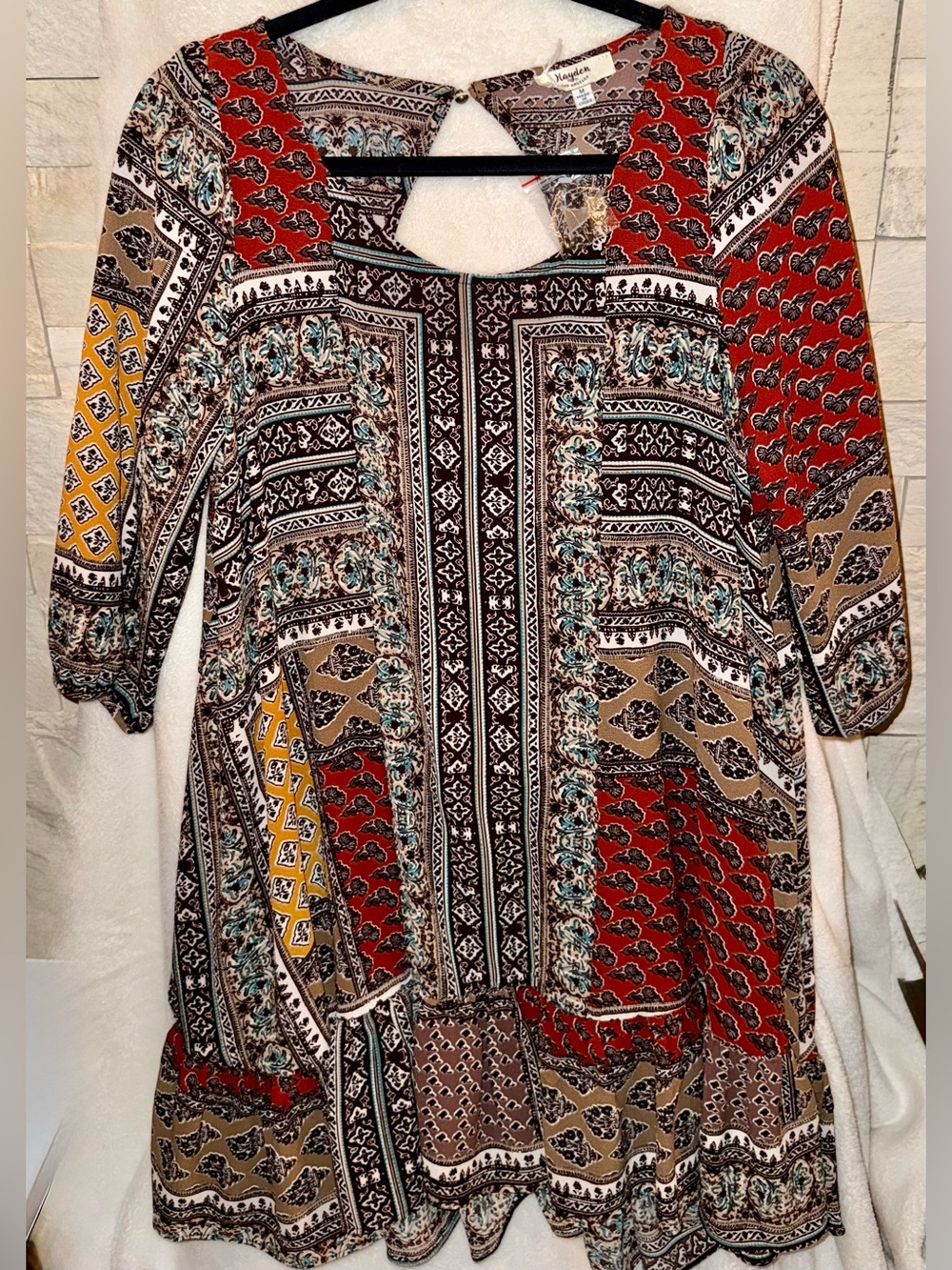 Boho Patchwork Dress with Long Sleeves - Multi Color